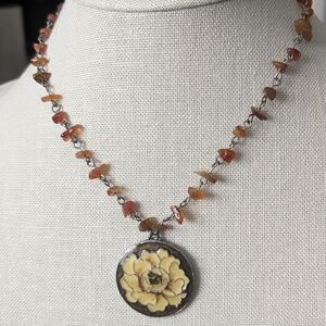 Vintage Boho Artisan Carnelian Necklace With Cloissone Flower Pendant